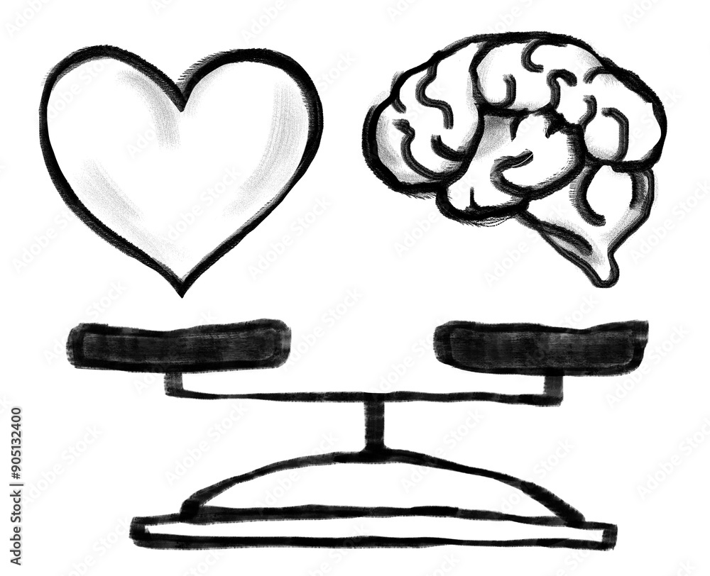 Poster work-life balance png sticker, heart brain scale doodle, transparent background