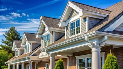 Elegant American single-family homes in a upscale neighborhood boast Colonial-style white gutter guard systems, keeping gutters clear of debris, with clean soffit and pristine exterior.