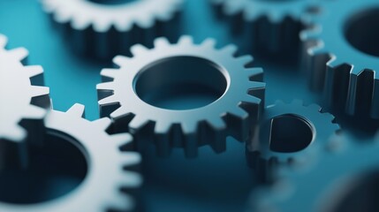 Closeup of Interlocking Metallic Gears on a Blue Background