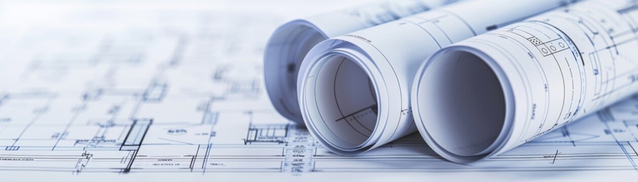 Architectural blueprints rolled up on a desk, showcasing detailed design plans ready for construction and planning projects.