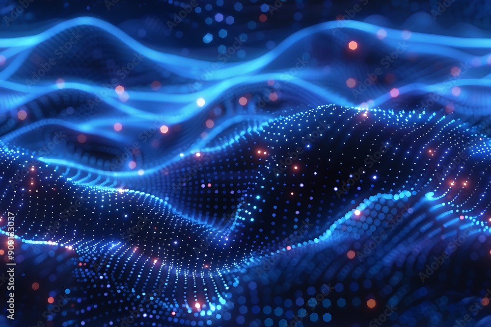 Poster seamless abstract texture featuring waves with glowing dots and lines, creating a futuristic and dyn