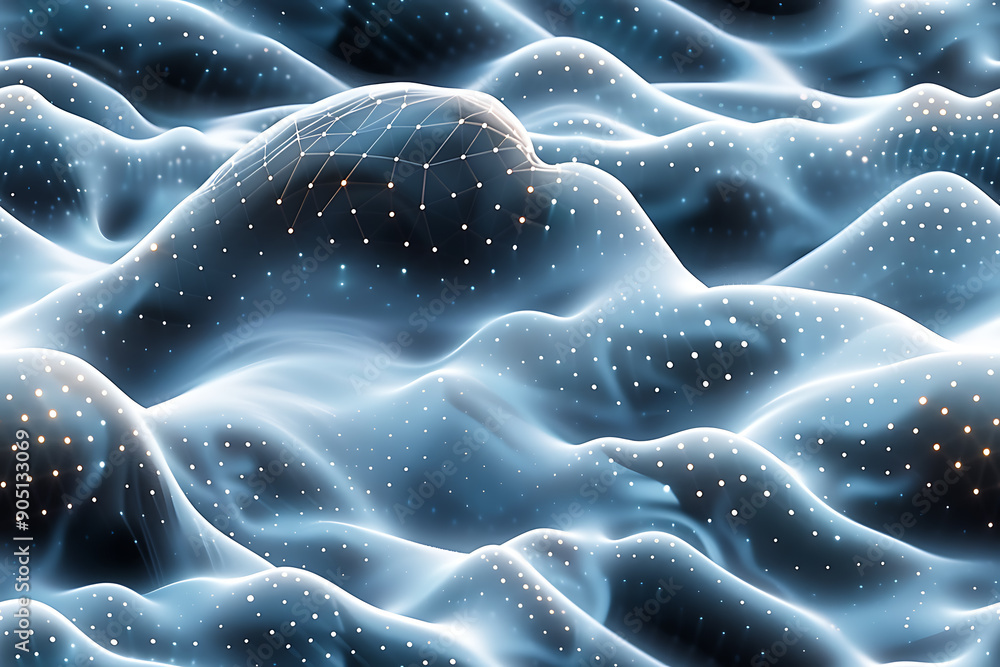 Poster seamless abstract texture featuring waves with glowing dots and lines, creating a futuristic and dyn