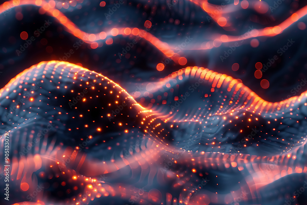Poster seamless abstract texture featuring waves with glowing dots and lines, creating a futuristic and dyn