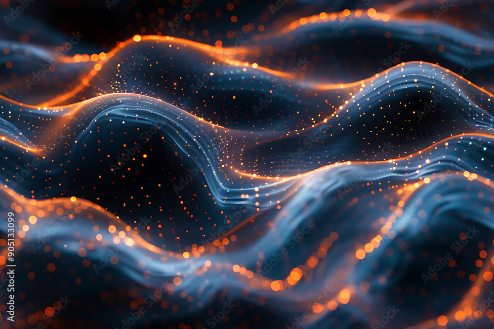 Poster seamless abstract texture featuring waves with glowing dots and lines, creating a futuristic and dyn