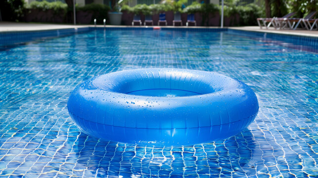 big blue inflatable pool ring floating in clear blue pool water, Ideal for depicting summertime fun, poolside relaxation, or vacation destinations	