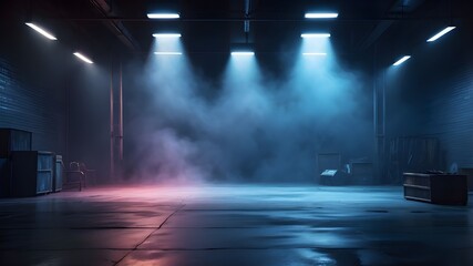 A dark, empty roadway, neon lights, spotlights, a deep blue background, and a dimly lighted, empty landscape The studio area features an asphalt floor, interior texturing, and smoke rising.