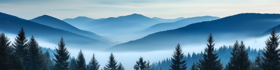 Obraz premium A mountain range with a foggy sky and trees. The mountains are covered in trees and the sky is cloudy