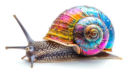 A snail with a colorful shell.