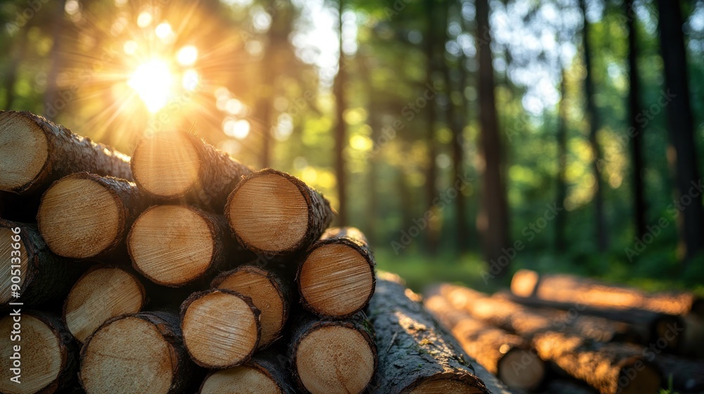 Aufkleber Sunlit Log Pile in a Forest Clearing