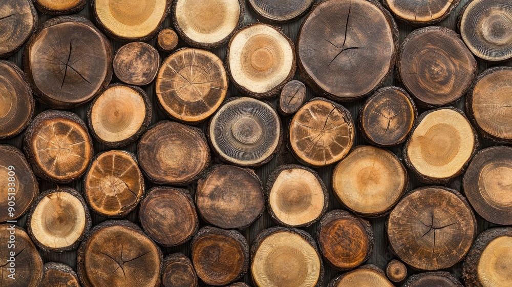 Poster close-up of multiple sliced tree trunk cross sections with growth rings