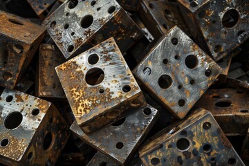 A pile of metal fragments with holes in them, corners connected with wire