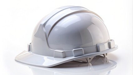 Fototapeta premium A pristine white safety helmet with a glossy finish and secure straps, resting solo on a pure white background, emphasizing protection and caution.