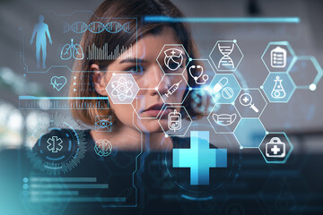 Woman analyzing medical data on futuristic digital interface screen.