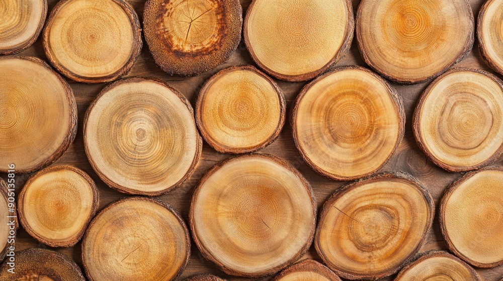 Aufkleber circular wooden slices with visible growth rings