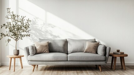 Obraz premium Grey sofa interior in living room and plants with sunlight