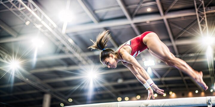 Gymnast Soaring to New Heights. A dynamic action shot of a female gymnast performing a powerful leap during a competition. The image captures the energy and excitement of the sport.