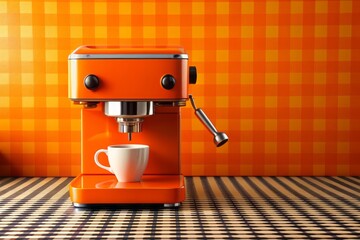 Vibrant orange retro-style espresso machine sits on a checkered table alongside a white cup, set against a bold orange background, evoking nostalgic coffee shop charm. - Powered by Adobe