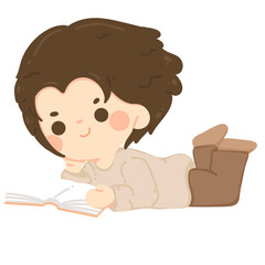 cute young boy student lying down  read a book , school activity learning in classroom. Kids reading books. child with book or doing homework.