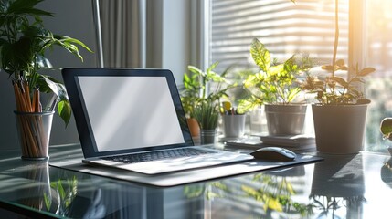 Fototapeta premium Highlighted by natural sunlight streaming through a window, a white blank mousepad is placed on a glass desk beside a laptop, showcasing a bright and modern workspace.