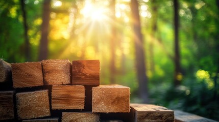 Stacked Wooden Planks in a Sunlit Forest