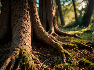 Obraz premium The sensation of running your fingers over the rough, ancient roots of a tree in a sun-dappled glade.