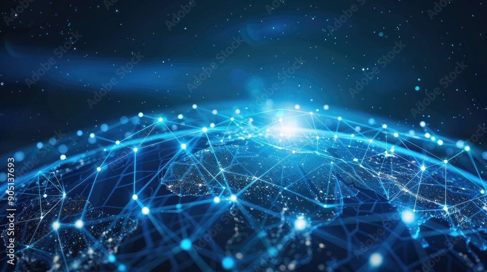 Poster blue connection network shining across a digital globe, symbolizing global communication and connect