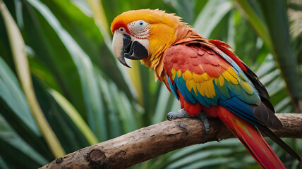 Obraz premium A colorful parrot is perched on a branch in a lush green forest