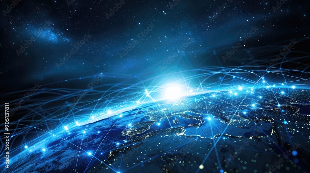 Poster blue connection network shining across a digital globe, symbolizing global communication and connect