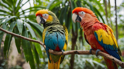 Obraz premium Two parrots are sitting on a branch, one is yellow and the other is red