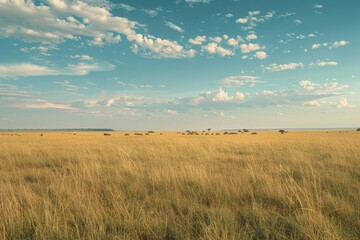 Fototapeta premium A Group of Animals Grazing in a Field Under a Blue Sky With White Clouds