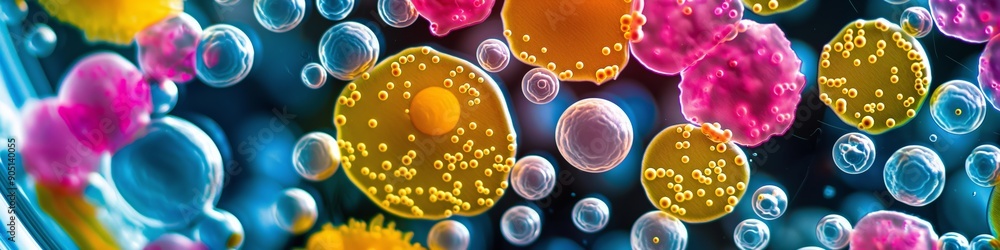 Wall mural cells under magnification in a laboratory setting, focusing on microbiology and disease research.