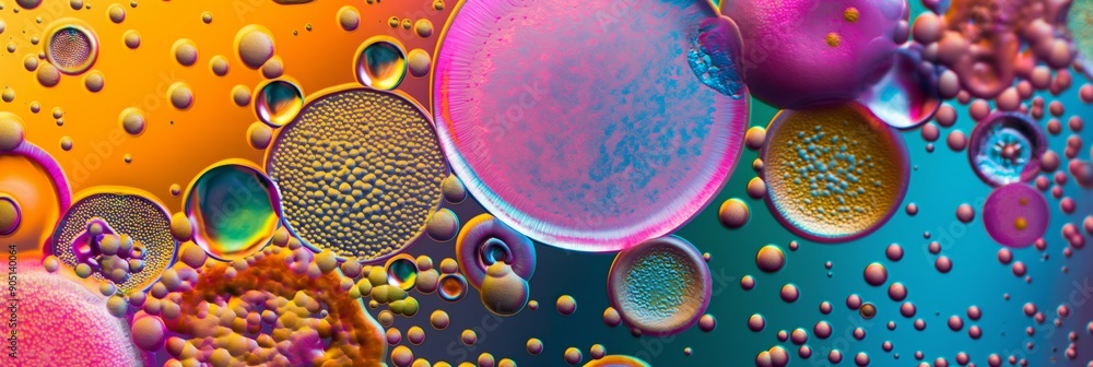 Poster a chemical structure in fluid form, featuring bubbles and droplets in an abstract design.