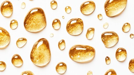 Set of vibrant golden oil droplets cut out, showcasing their pure and reflective texture.