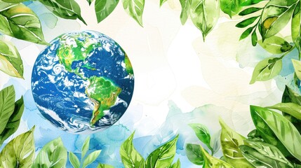 A blue and green planet with leaves surrounding it