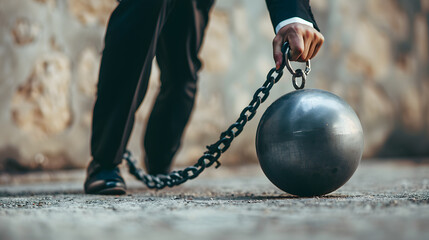 Businessman dragging a heavy ball and chain, symbolizing economic burden
