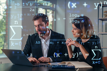 Business professionals analyzing data with mathematical formulas overlay.