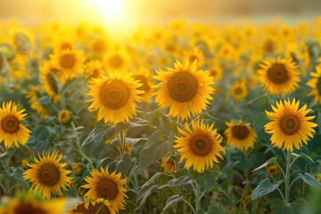 Obraz premium Sunlit Field of Yellow Sunflowers with Green Leaves
