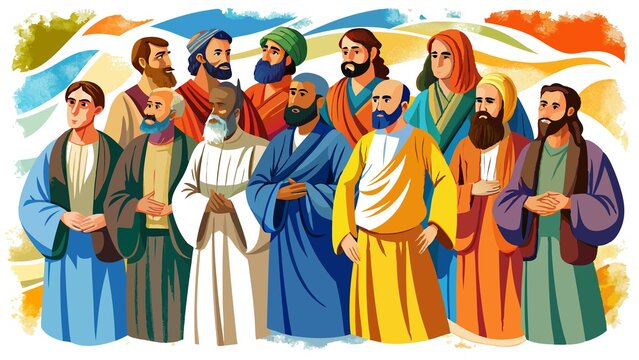 A beautiful watercolor artwork portrays the twelve Apostles, key figures in the early days of Christianity.
