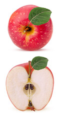 Red apple whole one cut in half with green leaf