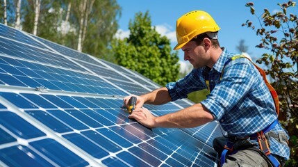 A man in a yellow helmet is working on a solar panel