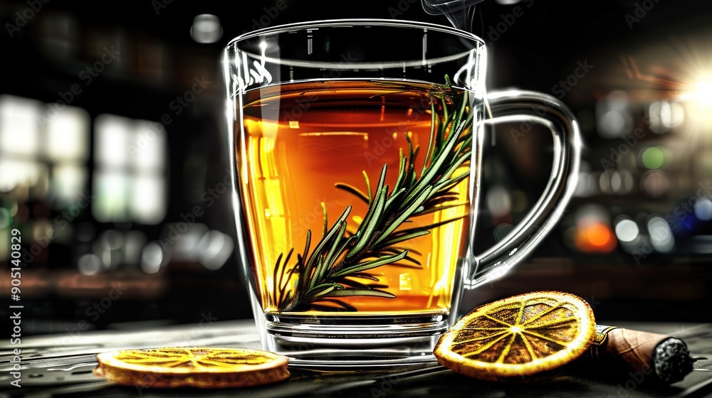 Poster   A glass of tea with a sprig of rosemary next to an orange slice on a table