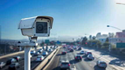 Eye catching traffic camera on the side of the road, capturing cars passing by, focusing on road safety and protection, traffic monitoring