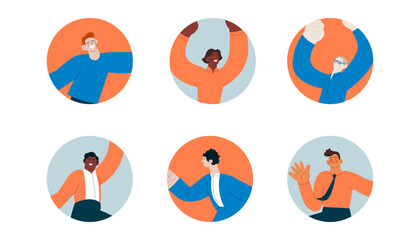Collection of badges. Happy business employee males of different skin tones in circle shapes on colorful background. Modern flat vector illustration. Social media concept.