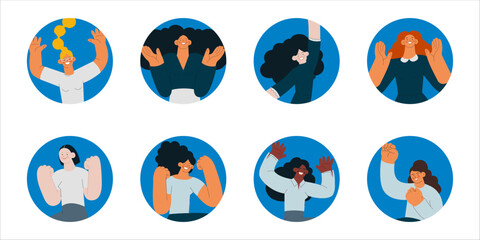 Collection of badges. Happy business employee females of different skin tones in circle shapes on colorful background. Modern flat vector illustration. Social media concept.