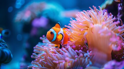 A close-up view of a clownfish swimming near a bright, colorful anemone in a well-lit aquarium. The intricate details of the coral and the fish's vibrant colors are highlighted by the soft,