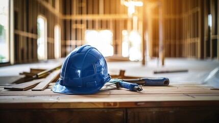 Hard hat and construction tools on a wooden table with a blurred building site background, emphasizing safety and protection, Ideal for construction sites, industrial work