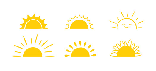 Yellow semicircle doodle half sun Hand drawn icons set doodle style. Sunset simple graphic symbols. Summer heat icons. Half round solar element.