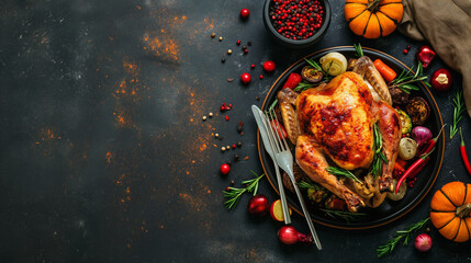 Thanksgiving table set with traditional dishes, turkey as the centerpiece, autumn decorations