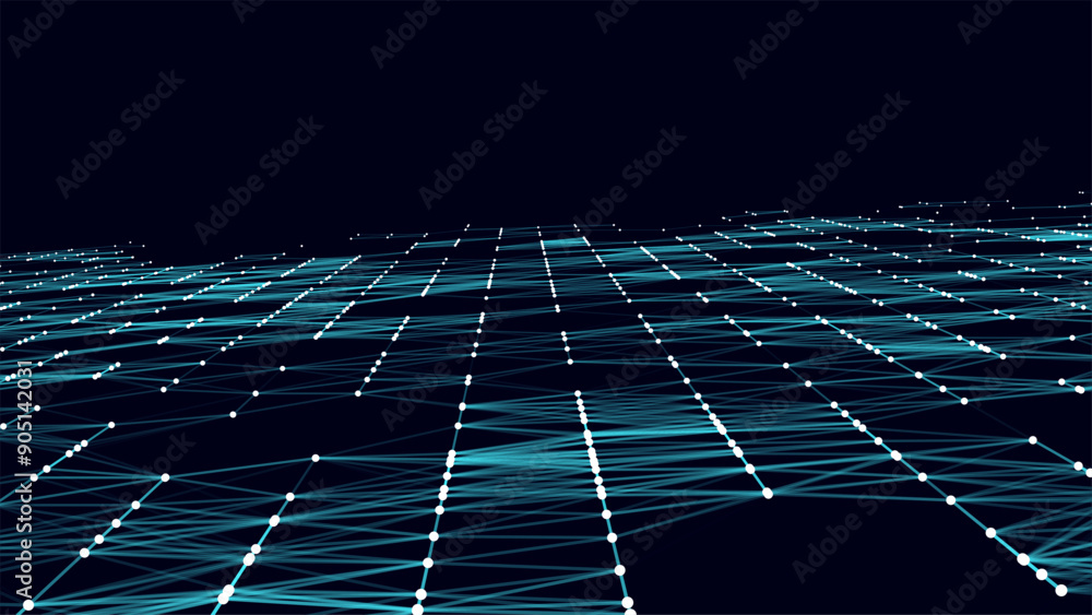 Poster abstract vector perspective grid. digital background in retro style. wireframe wave landscape on blu