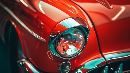 Close-up of a classic red car's headlight and body details